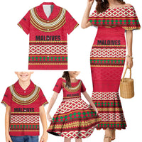 Maldives Tribal Heritage Red Family Matching Mermaid Dress and Hawaiian Shirt with Cultural Geometric Pattern and Island Flag Print