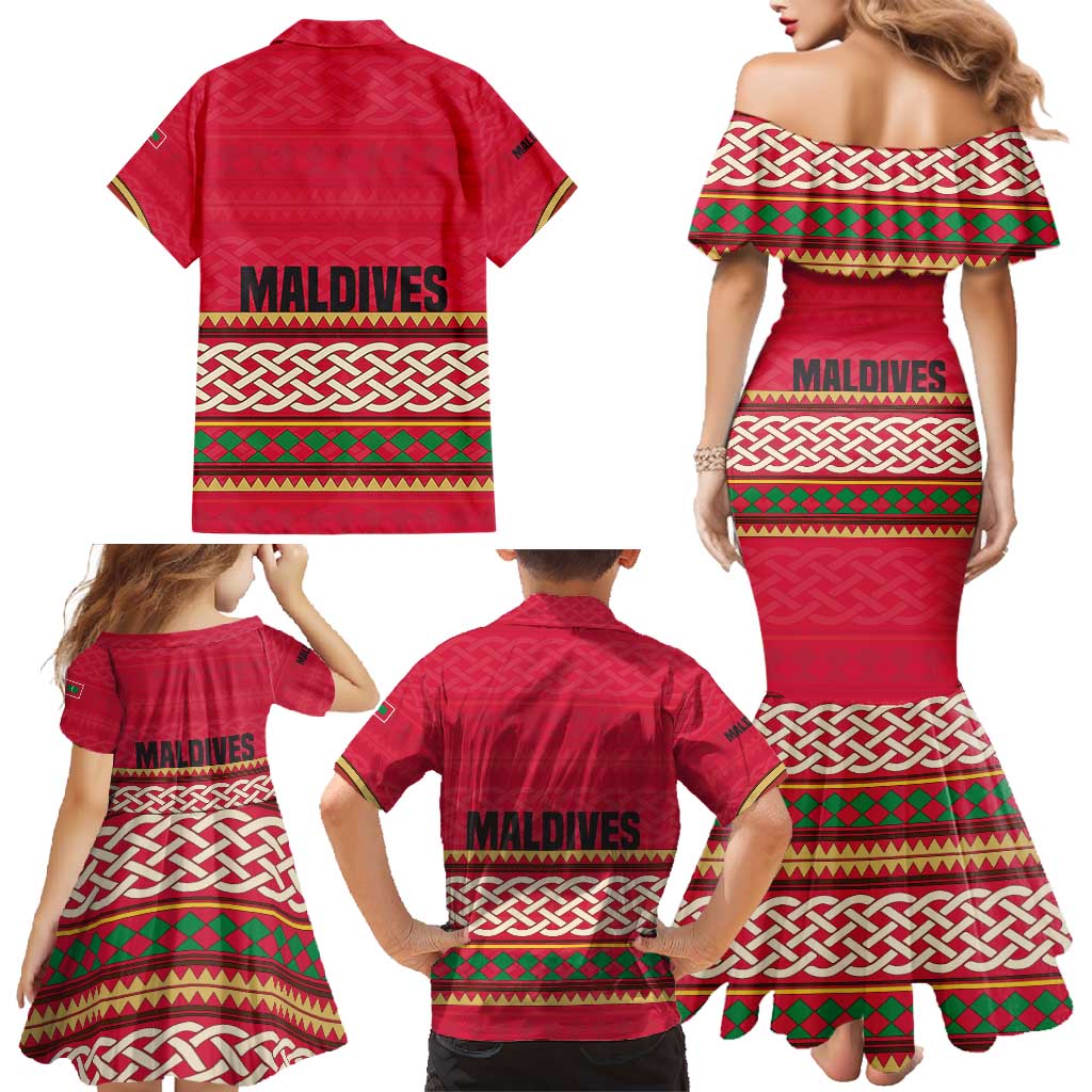 Maldives Tribal Heritage Red Family Matching Mermaid Dress and Hawaiian Shirt with Cultural Geometric Pattern and Island Flag Print