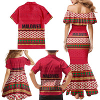 Maldives Tribal Heritage Red Family Matching Mermaid Dress and Hawaiian Shirt with Cultural Geometric Pattern and Island Flag Print