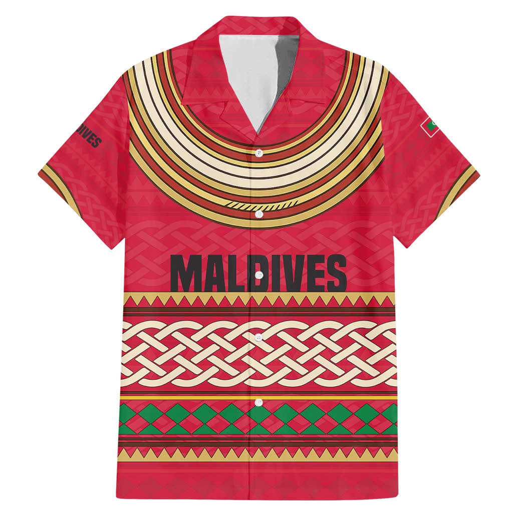 Maldives Tribal Heritage Red Family Matching Mermaid Dress and Hawaiian Shirt with Cultural Geometric Pattern and Island Flag Print