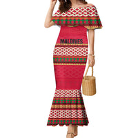 Maldives Tribal Heritage Red Family Matching Mermaid Dress and Hawaiian Shirt with Cultural Geometric Pattern and Island Flag Print
