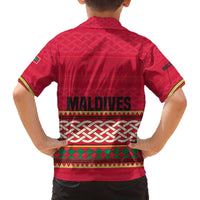 Maldives Tribal Heritage Red Family Matching Off The Shoulder Long Sleeve Dress and Hawaiian Shirt with Cultural Geometric Pattern and Island Flag Print