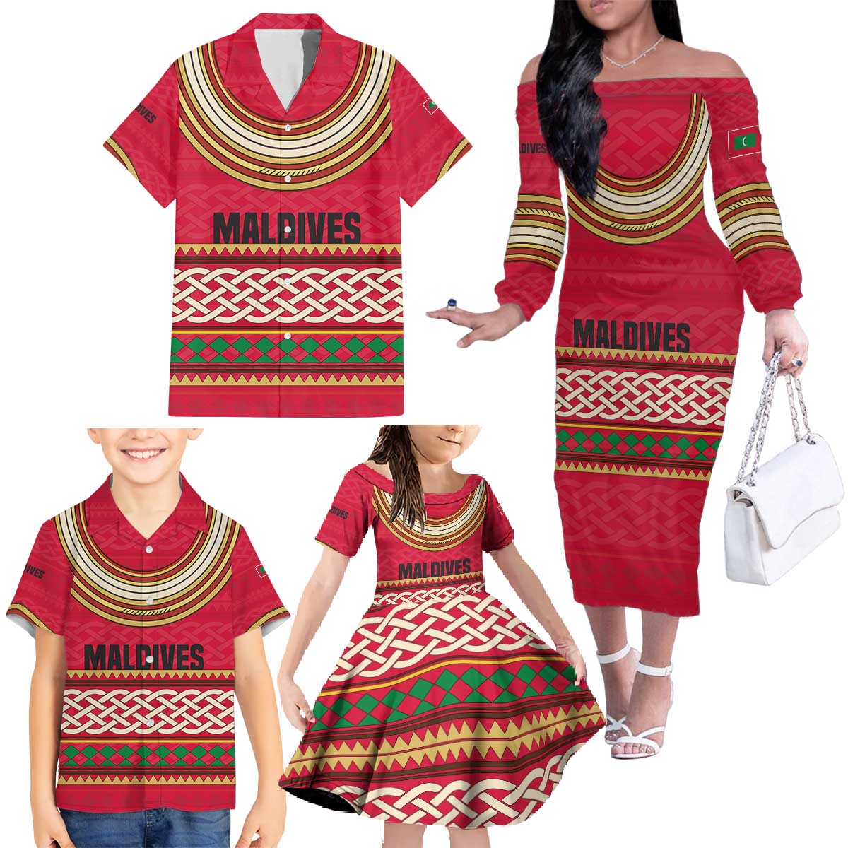 Maldives Tribal Heritage Red Family Matching Off The Shoulder Long Sleeve Dress and Hawaiian Shirt with Cultural Geometric Pattern and Island Flag Print