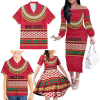 Maldives Tribal Heritage Red Family Matching Off The Shoulder Long Sleeve Dress and Hawaiian Shirt with Cultural Geometric Pattern and Island Flag Print
