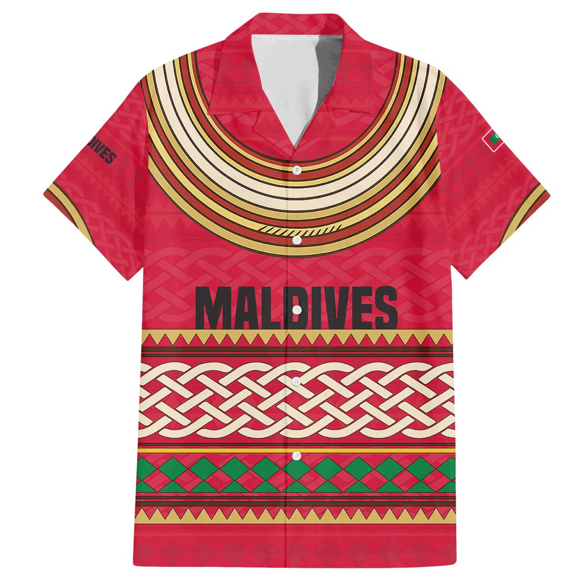 Maldives Tribal Heritage Red Family Matching Off The Shoulder Long Sleeve Dress and Hawaiian Shirt with Cultural Geometric Pattern and Island Flag Print