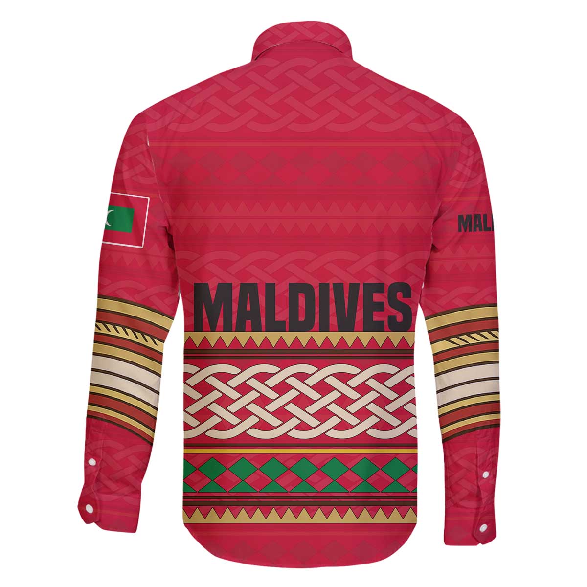 Maldives Tribal Heritage Red Family Matching Off The Shoulder Long Sleeve Dress and Hawaiian Shirt with Cultural Geometric Pattern and Island Flag Print