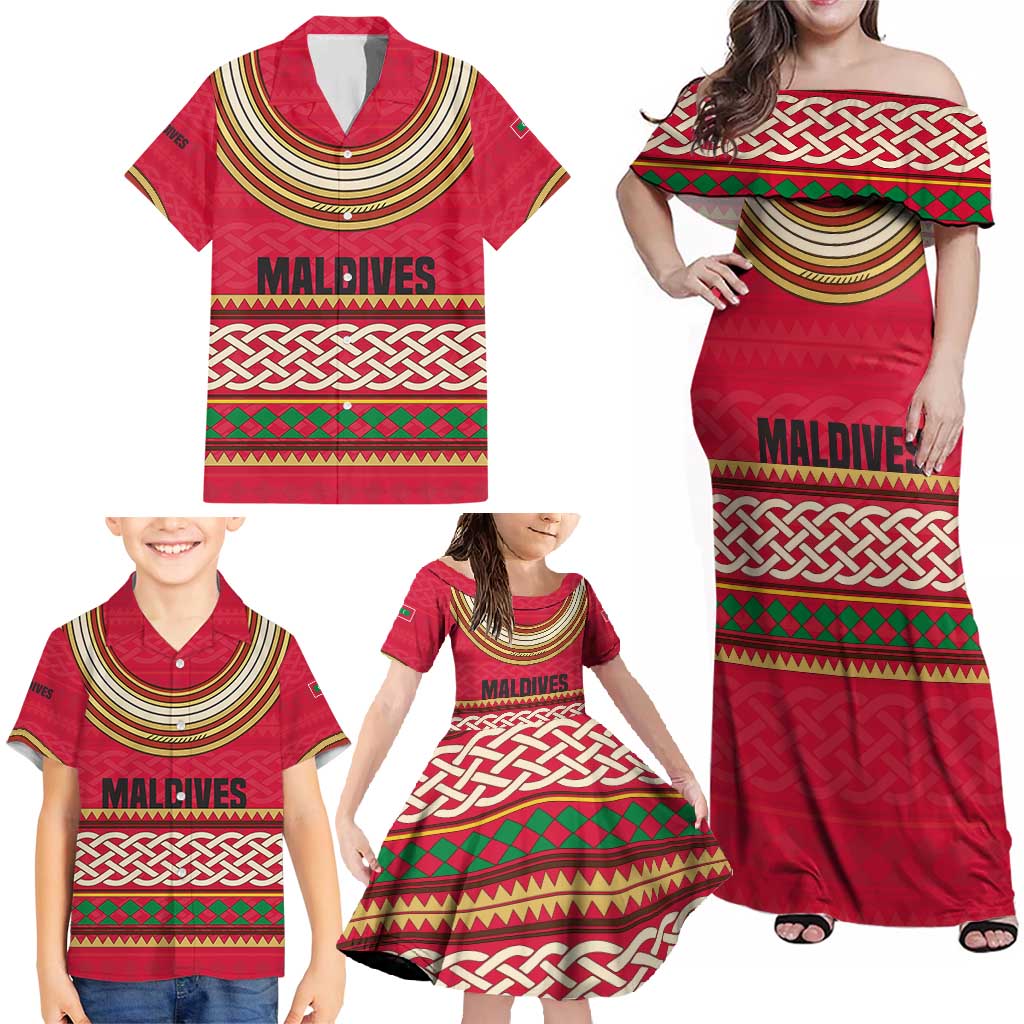 Maldives Tribal Heritage Red Family Matching Off Shoulder Maxi Dress and Hawaiian Shirt with Cultural Geometric Pattern and Island Flag Print
