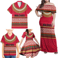Maldives Tribal Heritage Red Family Matching Off Shoulder Maxi Dress and Hawaiian Shirt with Cultural Geometric Pattern and Island Flag Print