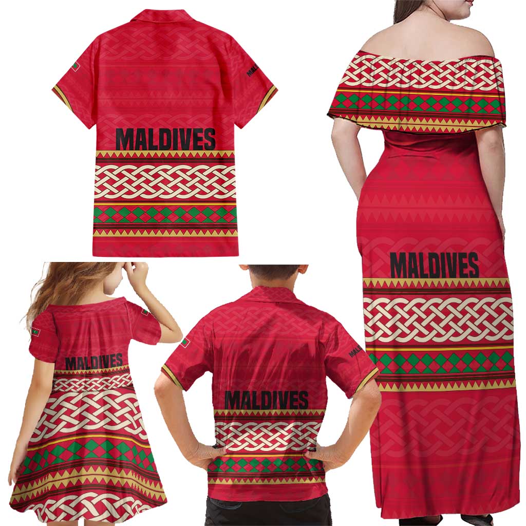 Maldives Tribal Heritage Red Family Matching Off Shoulder Maxi Dress and Hawaiian Shirt with Cultural Geometric Pattern and Island Flag Print