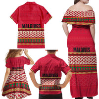 Maldives Tribal Heritage Red Family Matching Off Shoulder Maxi Dress and Hawaiian Shirt with Cultural Geometric Pattern and Island Flag Print