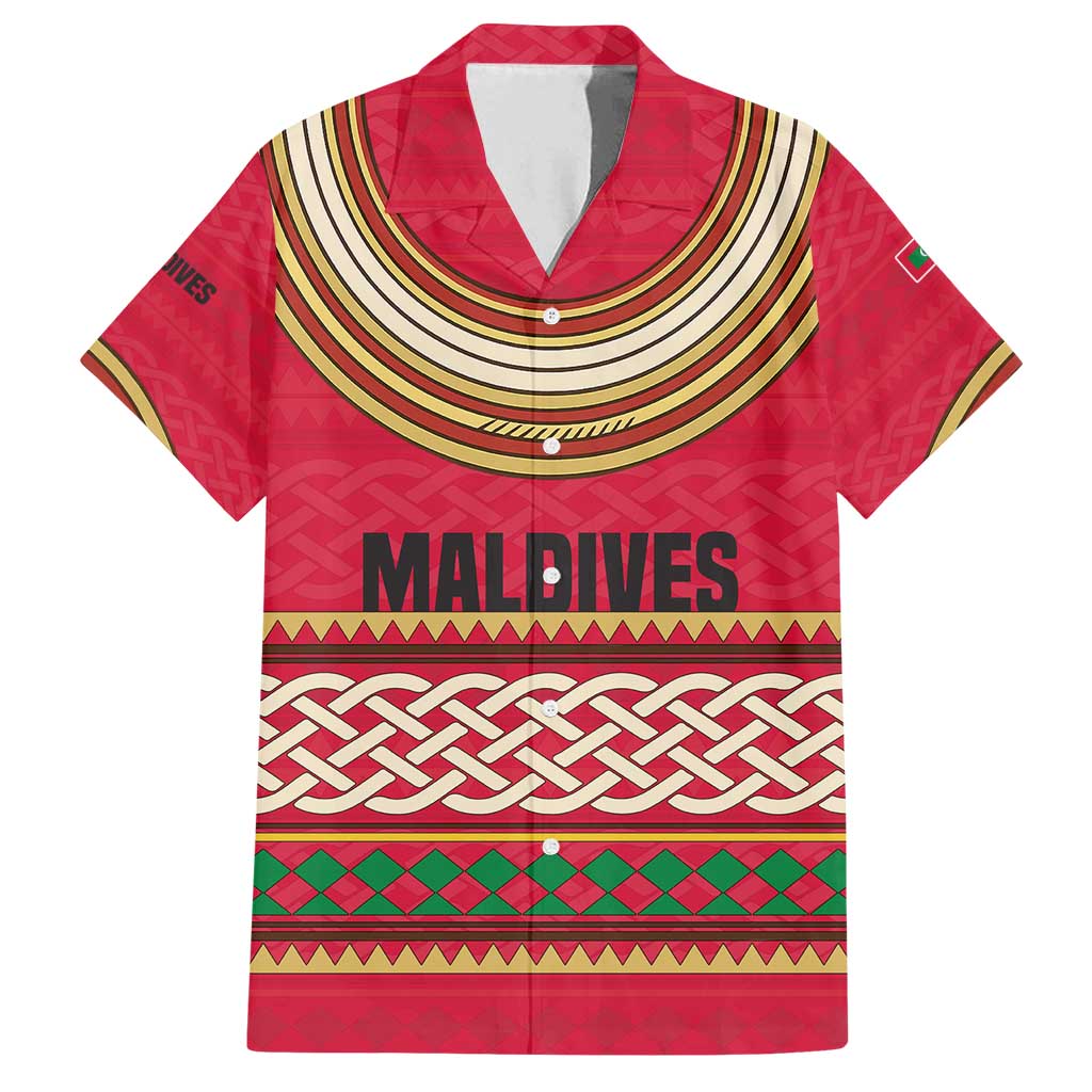 Maldives Tribal Heritage Red Family Matching Off Shoulder Maxi Dress and Hawaiian Shirt with Cultural Geometric Pattern and Island Flag Print