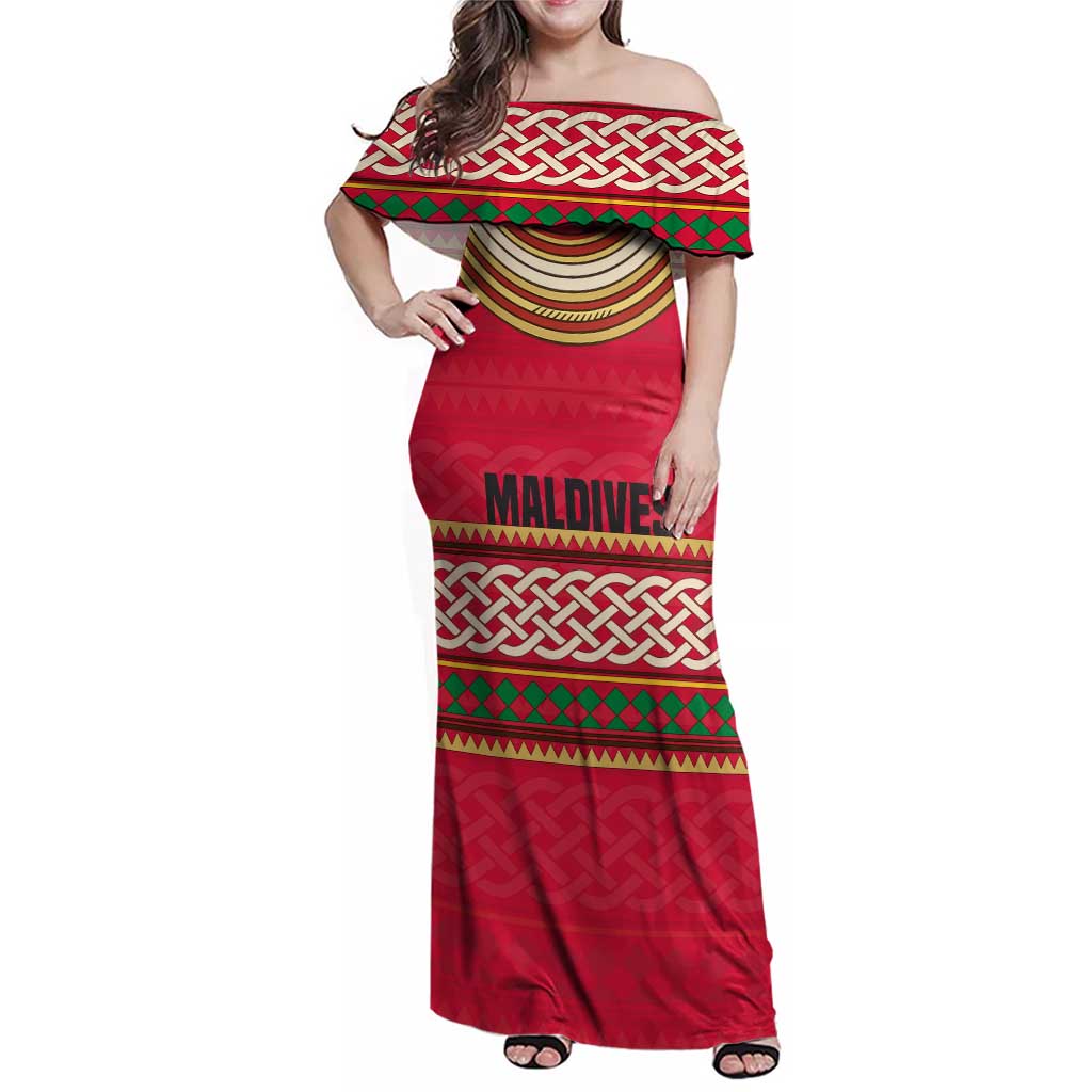 Maldives Tribal Heritage Red Family Matching Off Shoulder Maxi Dress and Hawaiian Shirt with Cultural Geometric Pattern and Island Flag Print
