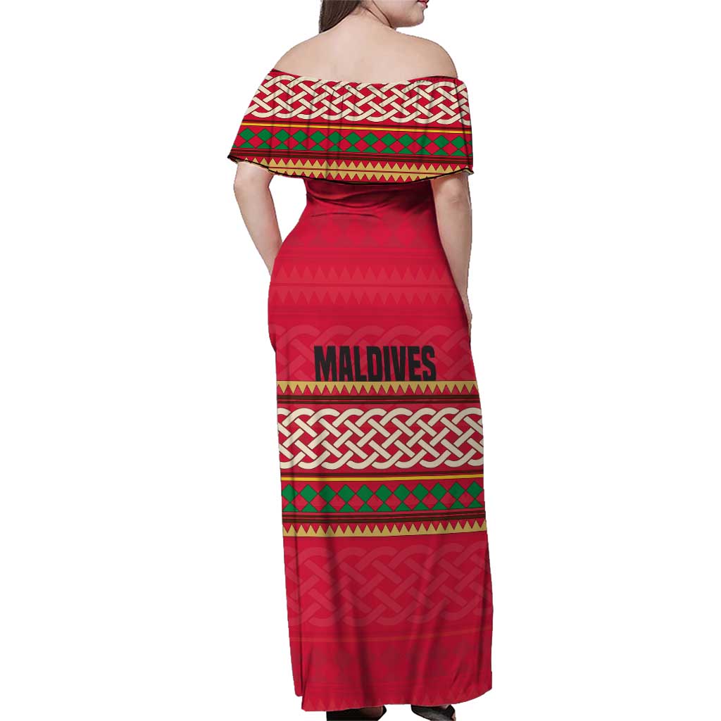 Maldives Tribal Heritage Red Family Matching Off Shoulder Maxi Dress and Hawaiian Shirt with Cultural Geometric Pattern and Island Flag Print