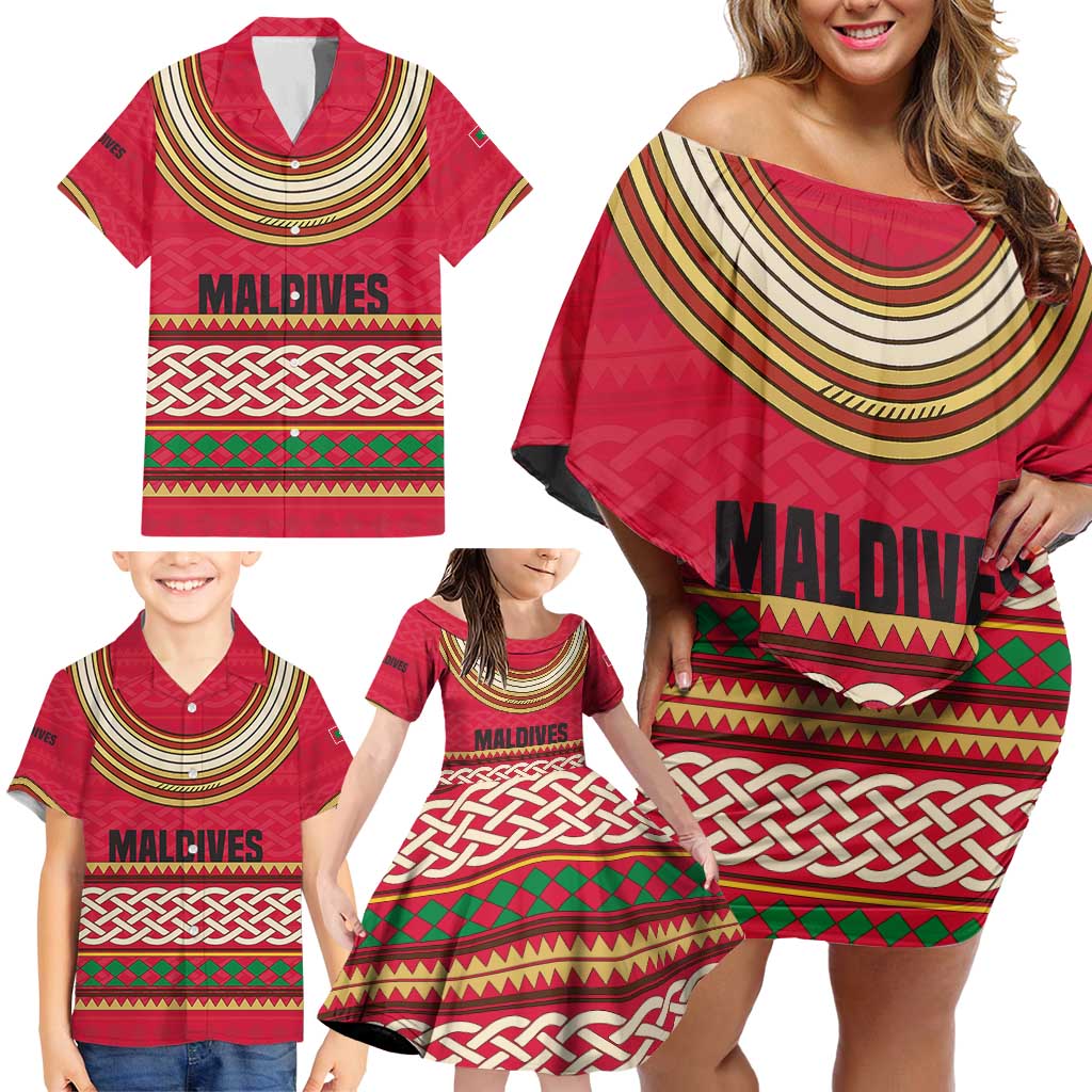 Maldives Tribal Heritage Red Family Matching Off Shoulder Short Dress and Hawaiian Shirt with Cultural Geometric Pattern and Island Flag Print