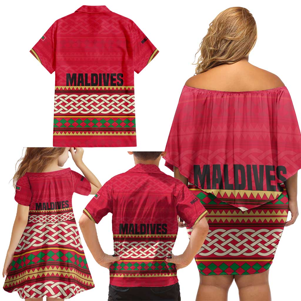 Maldives Tribal Heritage Red Family Matching Off Shoulder Short Dress and Hawaiian Shirt with Cultural Geometric Pattern and Island Flag Print