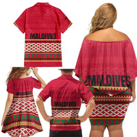 Maldives Tribal Heritage Red Family Matching Off Shoulder Short Dress and Hawaiian Shirt with Cultural Geometric Pattern and Island Flag Print