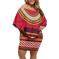 Maldives Tribal Heritage Red Family Matching Off Shoulder Short Dress and Hawaiian Shirt with Cultural Geometric Pattern and Island Flag Print