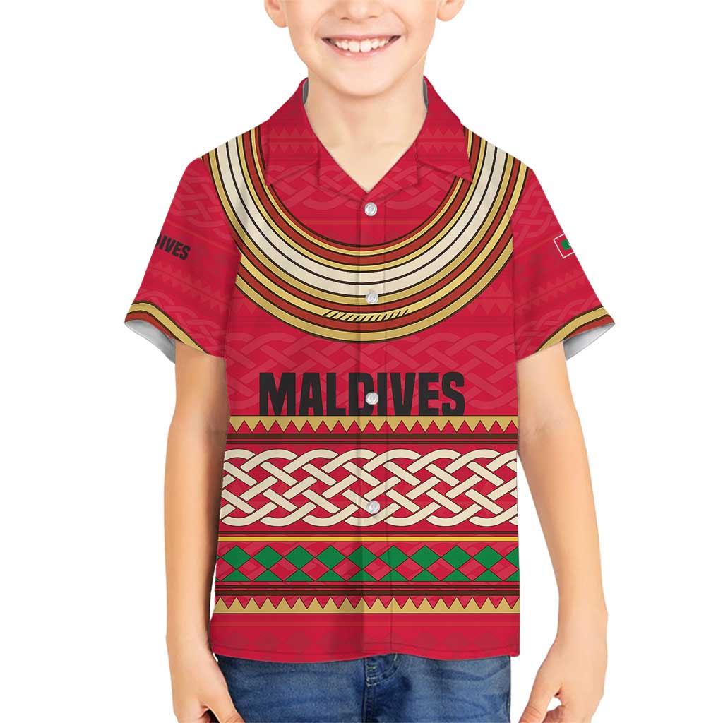 Maldives Tribal Heritage Red Family Matching Off Shoulder Short Dress and Hawaiian Shirt with Cultural Geometric Pattern and Island Flag Print
