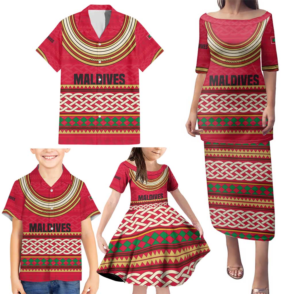 Maldives Tribal Heritage Red Family Matching Puletasi and Hawaiian Shirt with Cultural Geometric Pattern and Island Flag Print