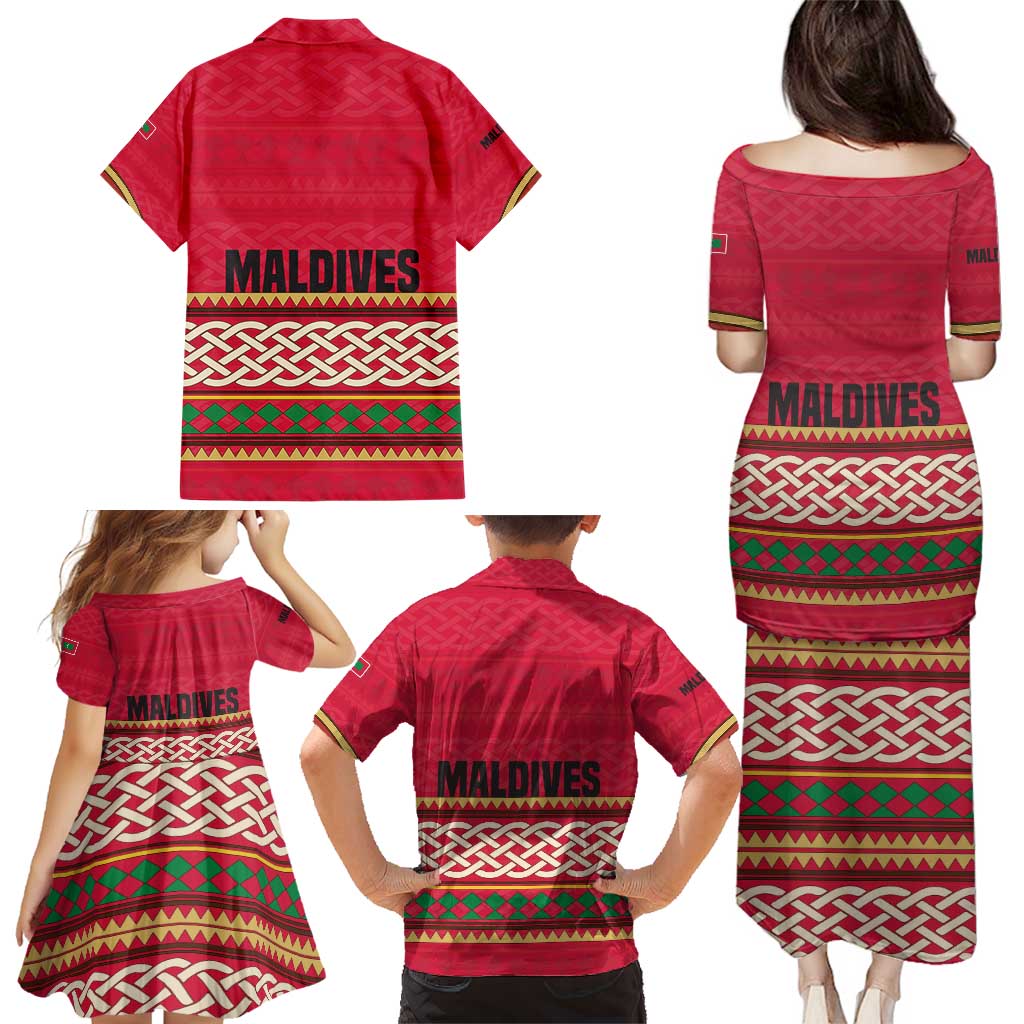 Maldives Tribal Heritage Red Family Matching Puletasi and Hawaiian Shirt with Cultural Geometric Pattern and Island Flag Print