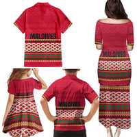Maldives Tribal Heritage Red Family Matching Puletasi and Hawaiian Shirt with Cultural Geometric Pattern and Island Flag Print