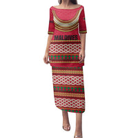 Maldives Tribal Heritage Red Family Matching Puletasi and Hawaiian Shirt with Cultural Geometric Pattern and Island Flag Print