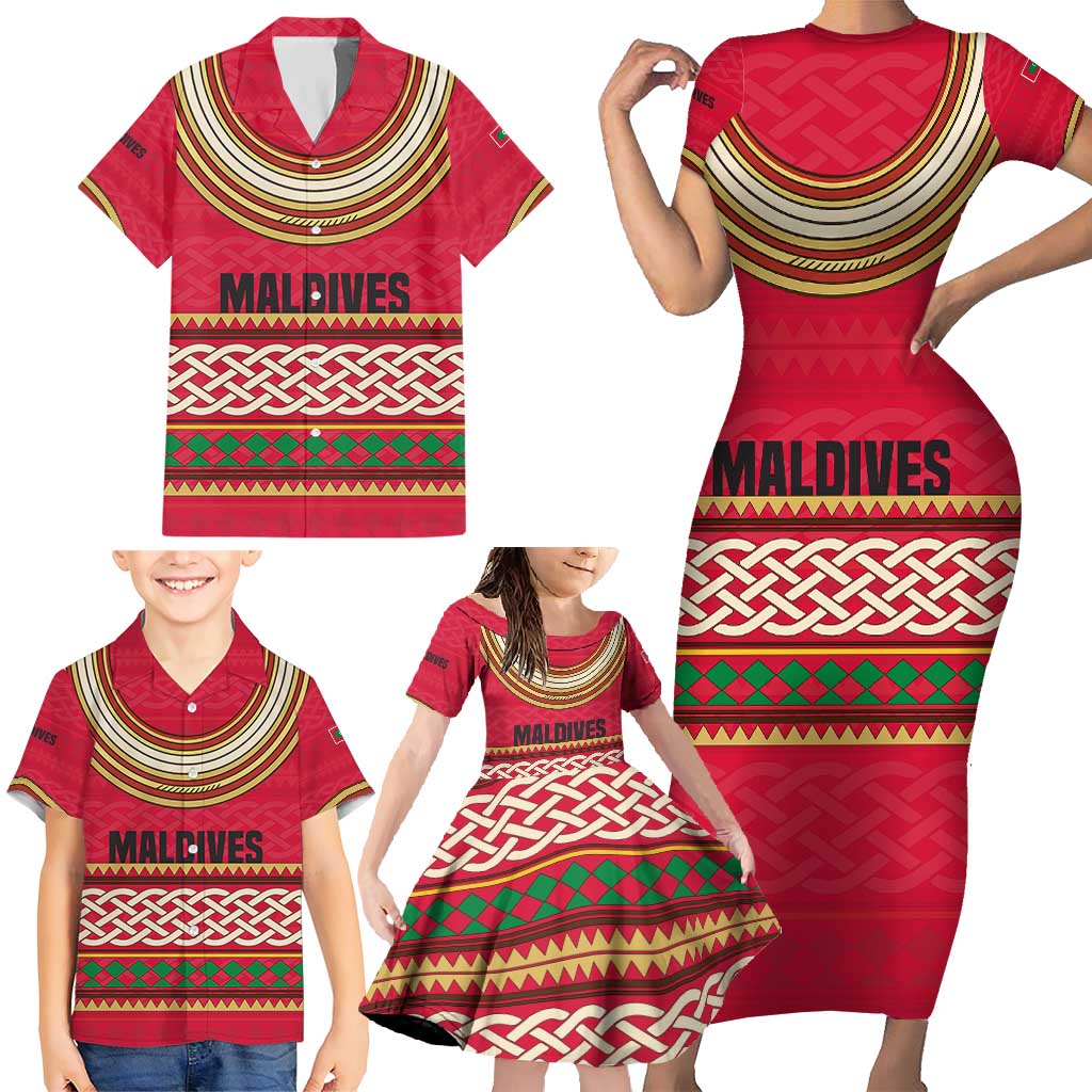 Maldives Tribal Heritage Red Family Matching Short Sleeve Bodycon Dress and Hawaiian Shirt with Cultural Geometric Pattern and Island Flag Print