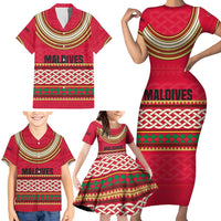 Maldives Tribal Heritage Red Family Matching Short Sleeve Bodycon Dress and Hawaiian Shirt with Cultural Geometric Pattern and Island Flag Print