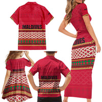 Maldives Tribal Heritage Red Family Matching Short Sleeve Bodycon Dress and Hawaiian Shirt with Cultural Geometric Pattern and Island Flag Print