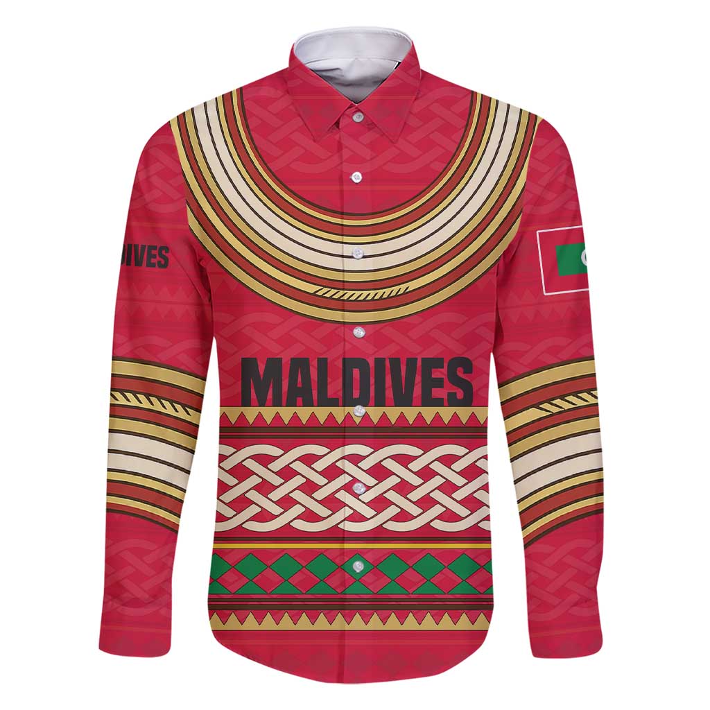 Maldives Tribal Heritage Red Family Matching Short Sleeve Bodycon Dress and Hawaiian Shirt with Cultural Geometric Pattern and Island Flag Print