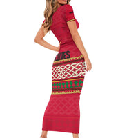 Maldives Tribal Heritage Red Family Matching Short Sleeve Bodycon Dress and Hawaiian Shirt with Cultural Geometric Pattern and Island Flag Print
