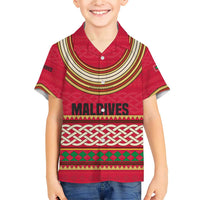 Maldives Tribal Heritage Red Family Matching Short Sleeve Bodycon Dress and Hawaiian Shirt with Cultural Geometric Pattern and Island Flag Print