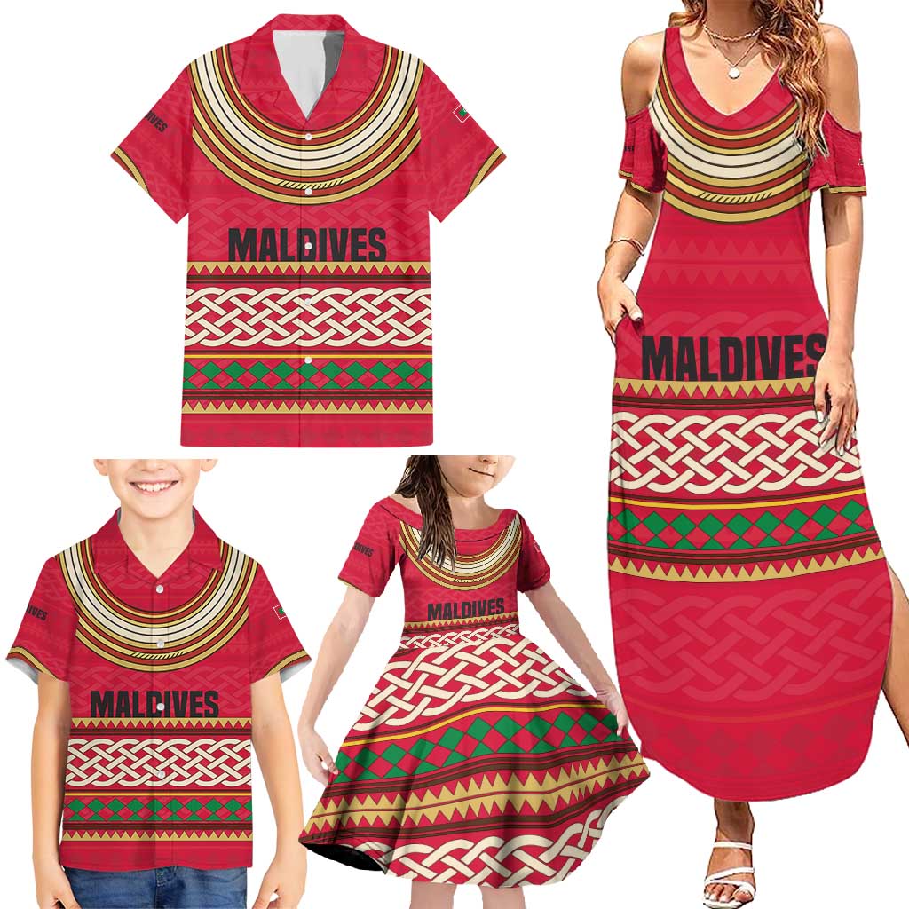Maldives Tribal Heritage Red Family Matching Summer Maxi Dress and Hawaiian Shirt with Cultural Geometric Pattern and Island Flag Print