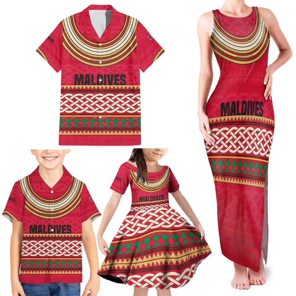 Maldives Tribal Heritage Red Family Matching Tank Maxi Dress and Hawaiian Shirt with Cultural Geometric Pattern and Island Flag Print