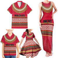 Maldives Tribal Heritage Red Family Matching Tank Maxi Dress and Hawaiian Shirt with Cultural Geometric Pattern and Island Flag Print