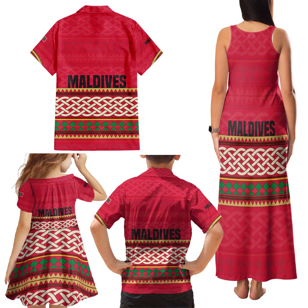 Maldives Tribal Heritage Red Family Matching Tank Maxi Dress and Hawaiian Shirt with Cultural Geometric Pattern and Island Flag Print