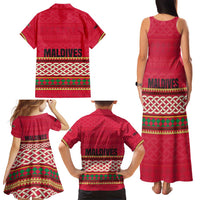 Maldives Tribal Heritage Red Family Matching Tank Maxi Dress and Hawaiian Shirt with Cultural Geometric Pattern and Island Flag Print