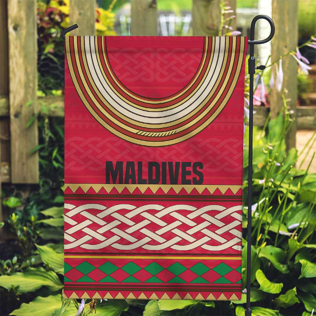 Maldives Tribal Heritage Red Garden Flag with Cultural Geometric Pattern and Island Flag Print