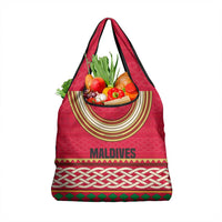 Maldives Tribal Heritage Red Grocery Bag with Cultural Geometric Pattern and Island Flag Print