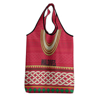 Maldives Tribal Heritage Red Grocery Bag with Cultural Geometric Pattern and Island Flag Print