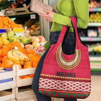 Maldives Tribal Heritage Red Grocery Bag with Cultural Geometric Pattern and Island Flag Print