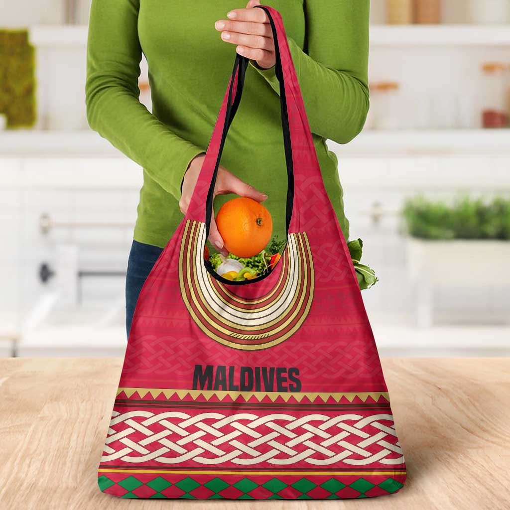 Maldives Tribal Heritage Red Grocery Bag with Cultural Geometric Pattern and Island Flag Print