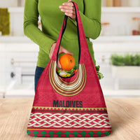 Maldives Tribal Heritage Red Grocery Bag with Cultural Geometric Pattern and Island Flag Print