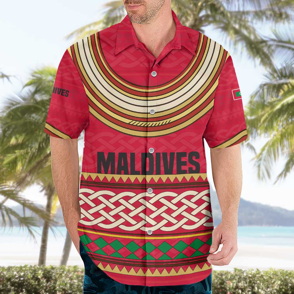 Maldives Tribal Heritage Red Hawaiian Shirt with Cultural Geometric Pattern and Island Flag Print