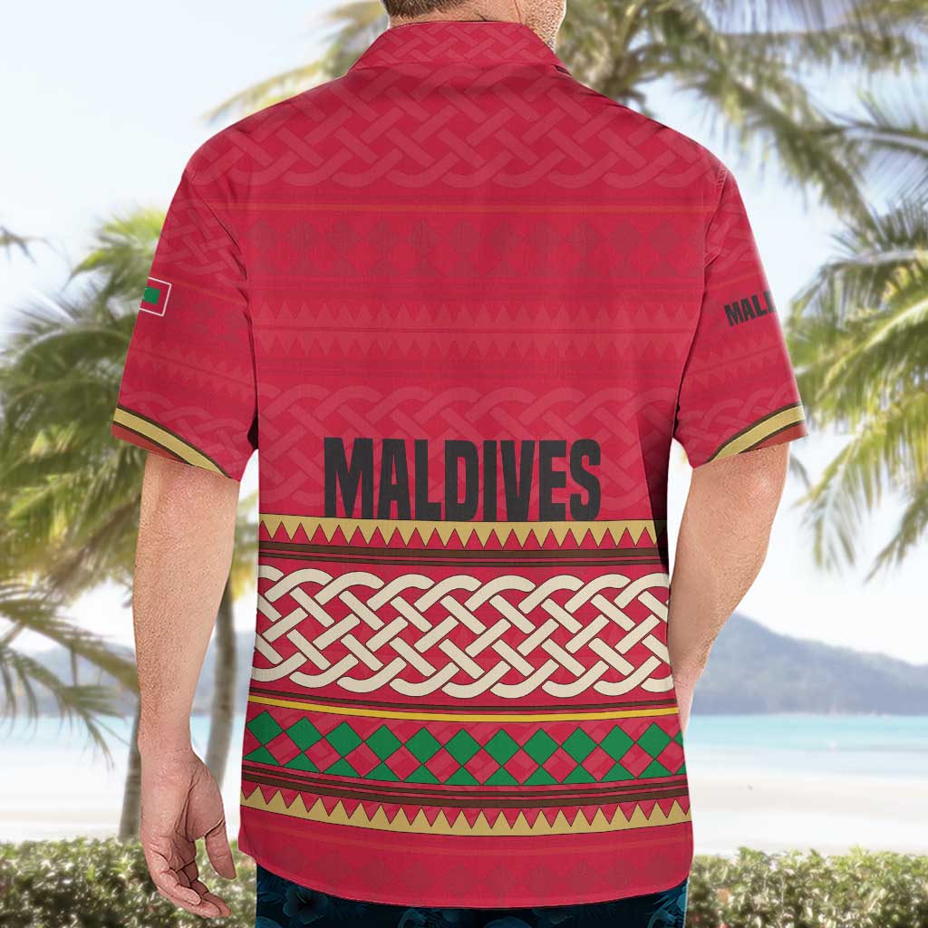 Maldives Tribal Heritage Red Hawaiian Shirt with Cultural Geometric Pattern and Island Flag Print