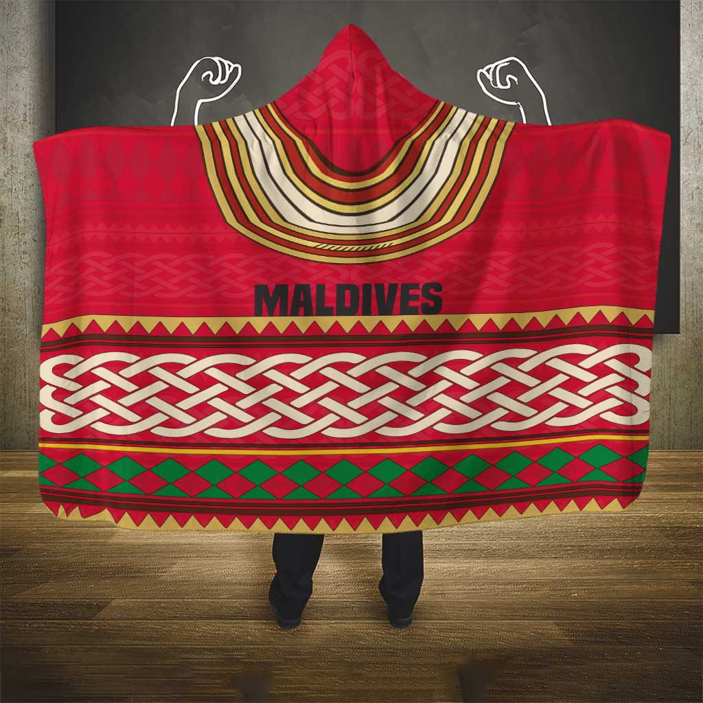 Maldives Tribal Heritage Red Hooded Blanket with Cultural Geometric Pattern and Island Flag Print