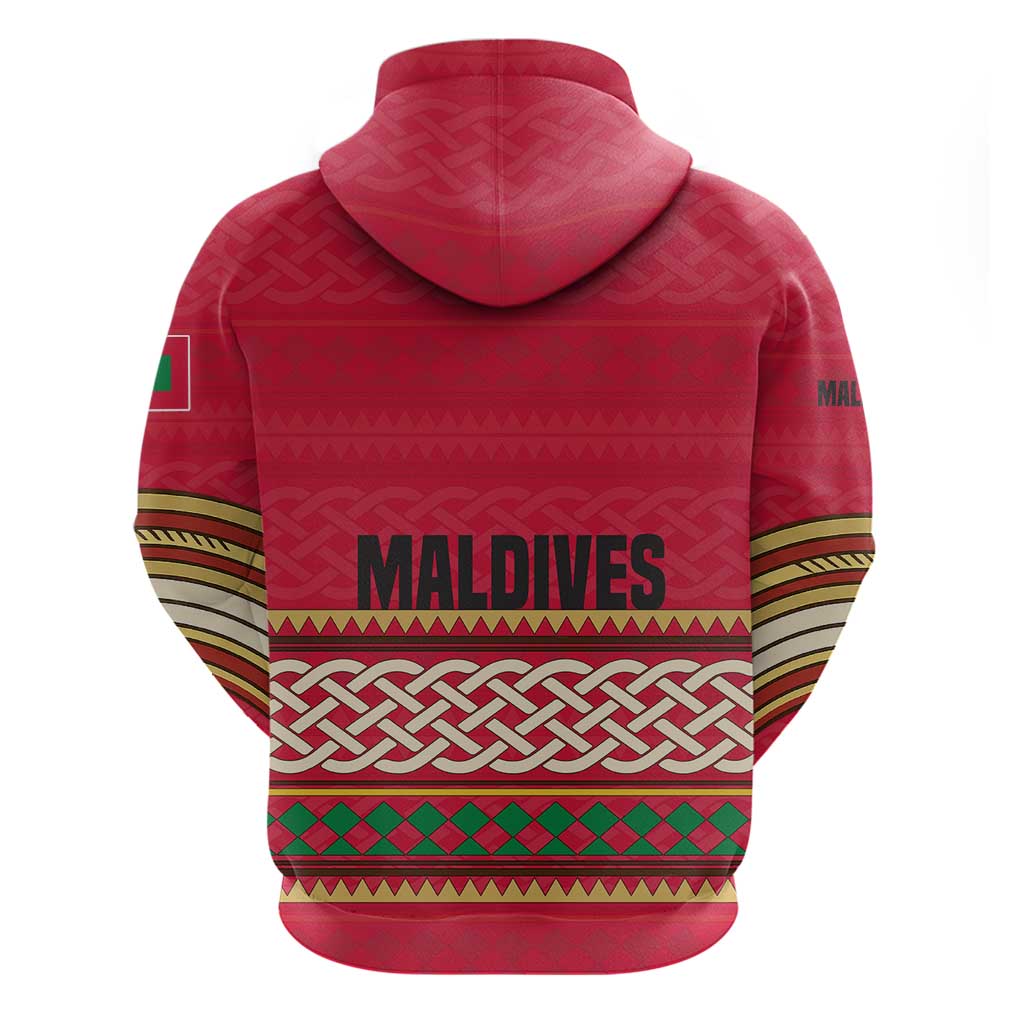 Maldives Tribal Heritage Red Hoodie with Cultural Geometric Pattern and Island Flag Print
