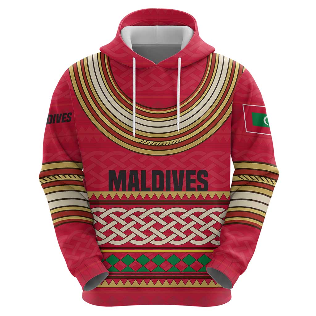 Maldives Tribal Heritage Red Hoodie with Cultural Geometric Pattern and Island Flag Print