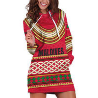 Maldives Tribal Heritage Red Hoodie Dress with Cultural Geometric Pattern and Island Flag Print