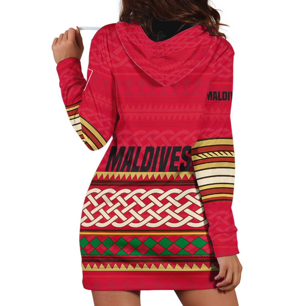 Maldives Tribal Heritage Red Hoodie Dress with Cultural Geometric Pattern and Island Flag Print